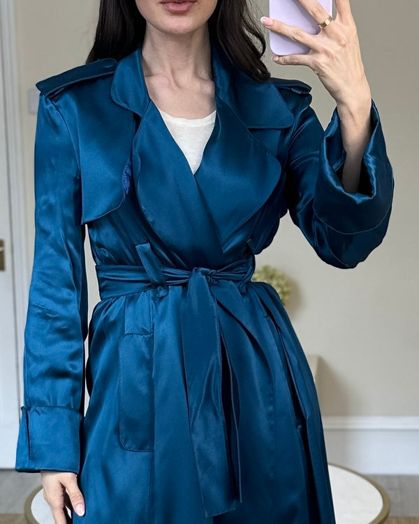 Celine Blue Silk Overcoat with Belt FR 42 (UK 14)