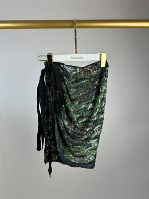 Isabel Marant Green and Silver Leopard Print Embellished Wrap Mini Skirt FR 36 (UK 8)