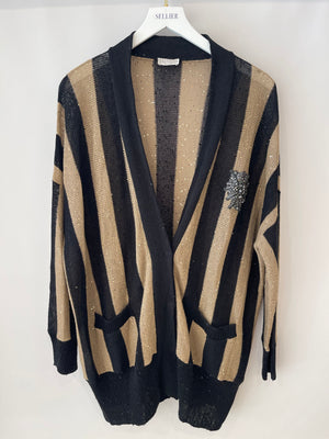 Brunello Cucinelli Black and Gold Striped Silk Cardigan Size L (UK 12)
