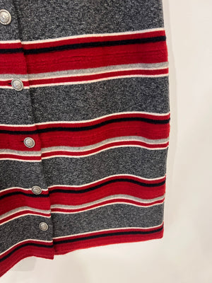 Chanel Grey and Red Striped Cashmere Skirt with Silver Buttons Size FR 42 (UK 14)