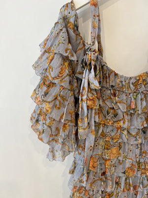 Zimmermann Grey and Orange Floral Silk Mini Ruffle Dress Size 0 (UK 6)