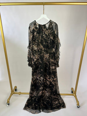 Zimmermann Black Floral Silk Jumpsuit with Ruffle Detail Size 0 (UK 6)