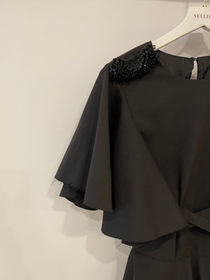 Johanna Ortiz Black Belted Ruffle Dress with Shoulder Embellishments Size US 4 (UK 8)