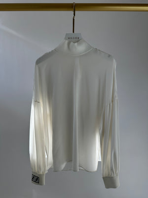 Fendi Silk Cream High-Neck Blouse with Logo Cuff Size IT 40 (UK 8)