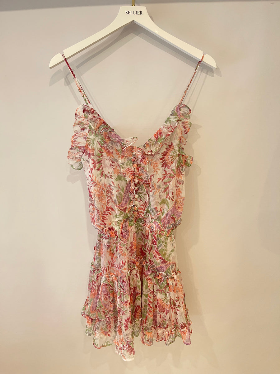 Misa Green and Pink Printed Mini Sleeveless Ruffle Dress Size XS (UK 6)
