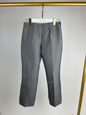 Prada Grey Wool Tailored Trouser and Peplum Blouse Set with Green Crystal Embellishment Size IT 38 (UK 6)