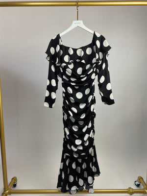 Dolce & Gabbana Black and White Spotted Satin Midi Dress with Ruched Detail Size IT 38 ( UK 6)