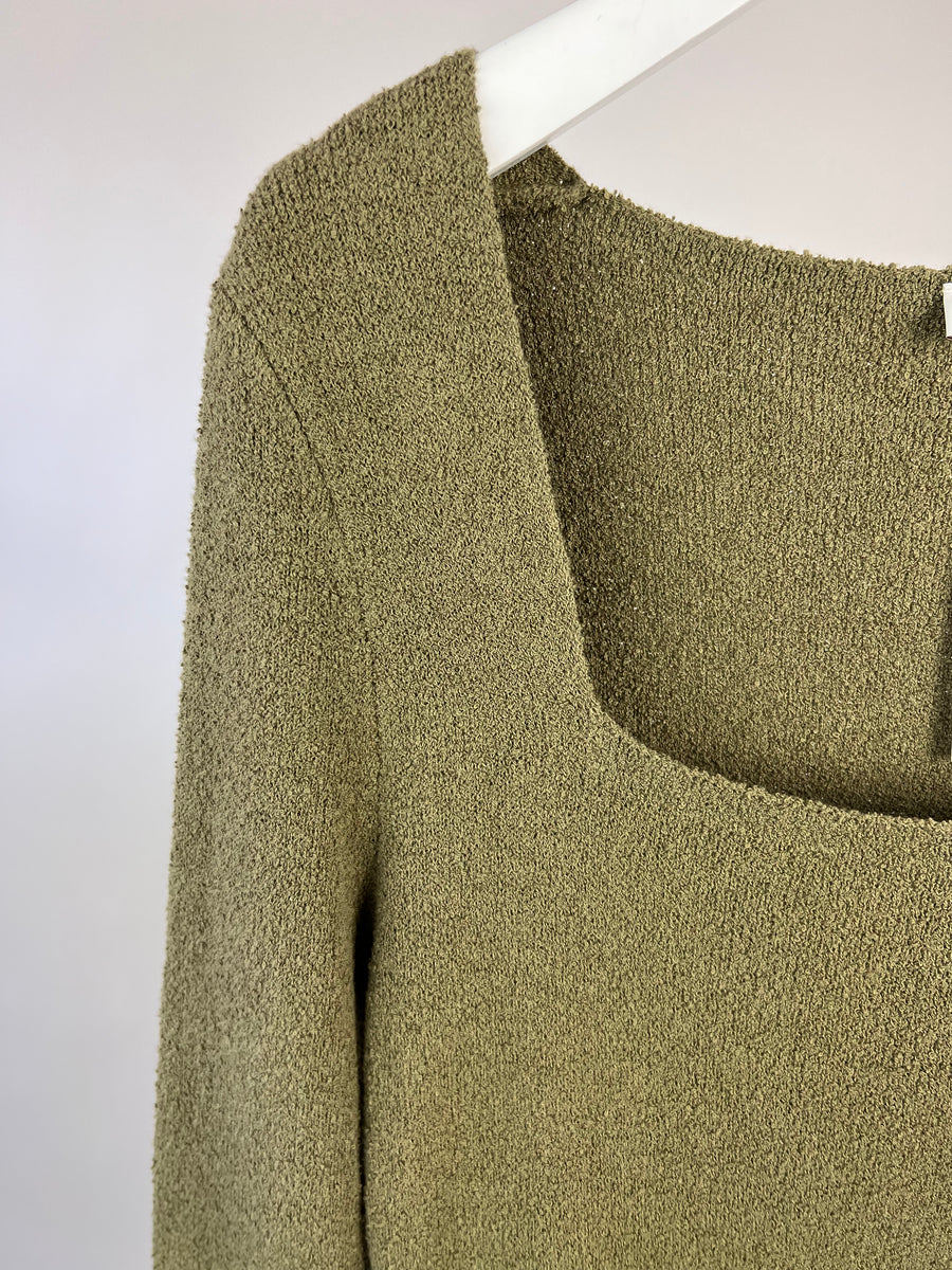 Nanushka Green Knitted Midi Dress with Square Neck Detail Size L (UK 14)