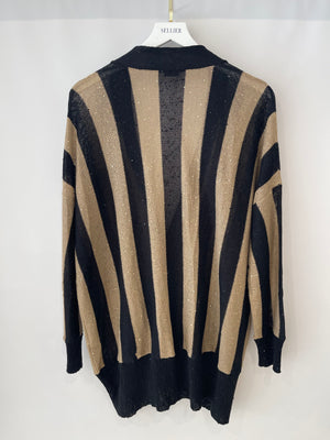 Brunello Cucinelli Black and Gold Striped Silk Cardigan Size L (UK 12)