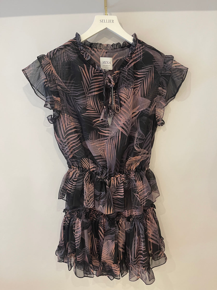 Misa Black Printed Mini Sleeveless Ruffle Dress Size XS (UK 6)