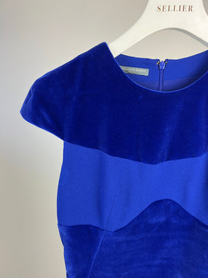Alexander McQueen Cobalt Blue Short Sleeve White Trim Velvet Dress IT 44 (UK 12)