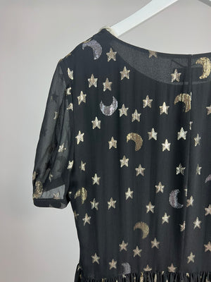 Saint Laurent Black Silk Peter Pan Collar Dress with Metallic Stars Size FR 40 (UK 12)