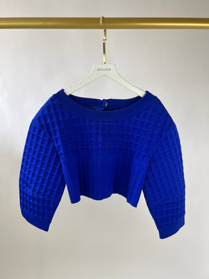 Chanel Royal Blue Cropped Embossed Jumper with Pearl Button Back Detail Size FR 38 (UK 10)
