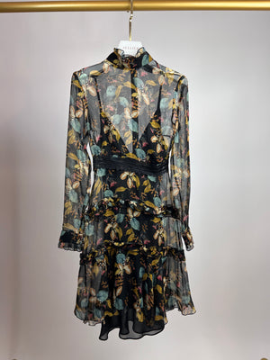 Nicholas Black Floral High Neck Chiffon Mini Dress with Embroidery Detail Size UK 4