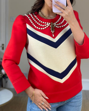 Gucci Red, Navy and Cream Jumper with Embellished Pearl Collar Detail Size L (UK 12-14)