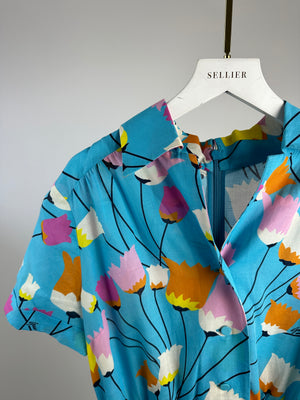 Gucci Blue Floral Linen Blend Belted Midi Dress Size IT 40 (UK 8)