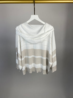 Fabiana Filippi Cream Striped Embellished Short Sleeve Hooded Sweatshirt Size S (UK 8)