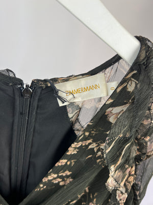 Zimmermann Black Floral Silk Jumpsuit with Ruffle Detail Size 0 (UK 6)