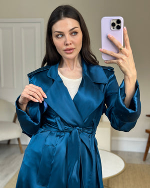Celine Blue Silk Overcoat with Belt FR 38 (UK 10)