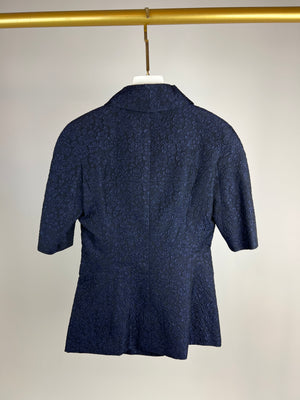 Chanel Navy Floral Embossed Short Sleeve Jacket with CC Button Detailing Size FR 34 (UK 6)