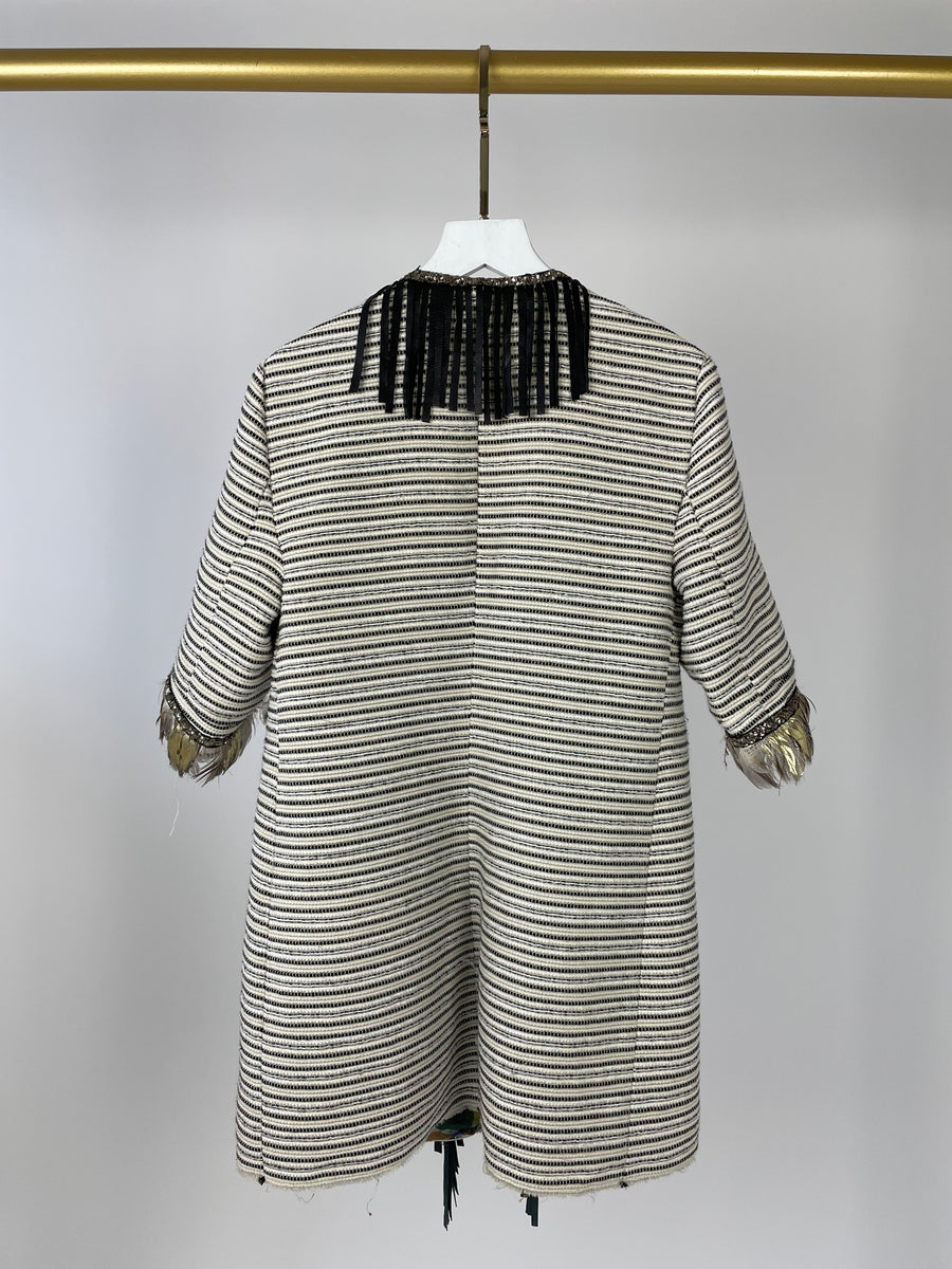 Bellavitis Couture Striped Cream And Black Jacket with Gold Trim And Feather Detail Size UK 6-8
