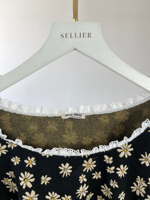 Miu Miu Black Floral Cropped Top with White Collar Detail Size L (UK 12)
