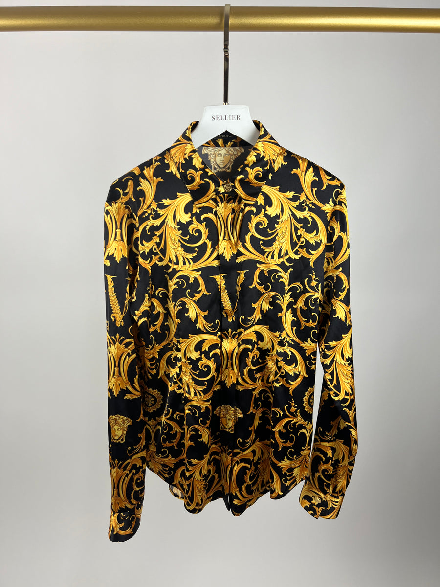 Versace Black and Gold Brocade Printed Silk Shirt Size IT 38 UK 6