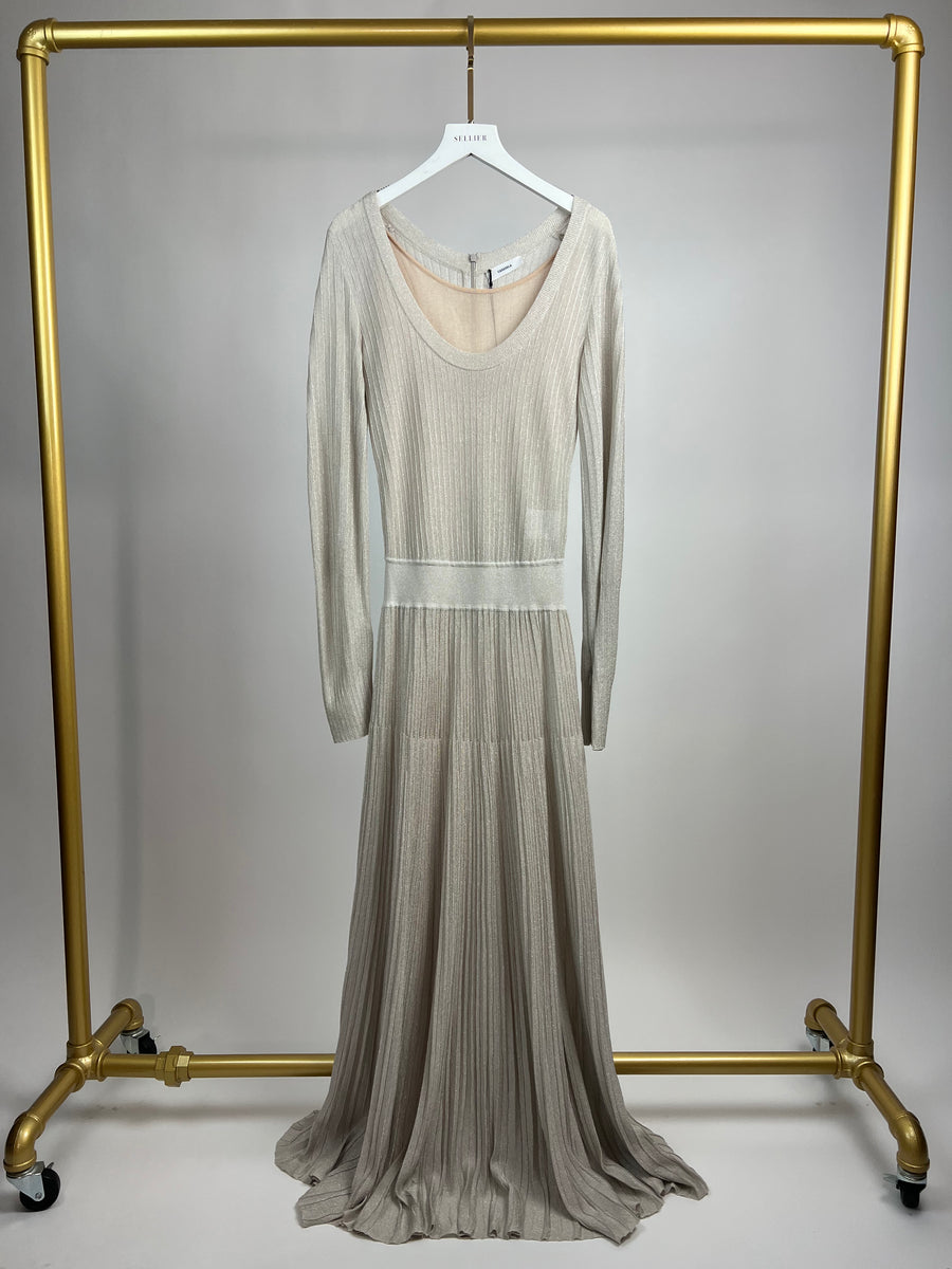 Barbara Casasola Silver metallic Fine Knit Pleated Maxi Dress IT 42 (UK 10) RRP £1141