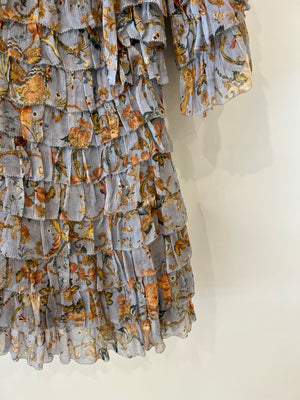 Zimmermann Grey and Orange Floral Silk Mini Ruffle Dress Size 0 (UK 6)