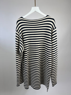 Celine White and Blue Striped Long Sleeve Round Neck Dress FR 38 (UK 10)