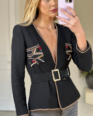 Chanel Black Tweed Embellished Jacket with Gold Chain and Pearl Detailing FR 34 (UK 6)