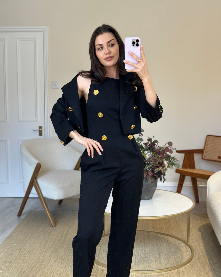 Givenchy Couture Black Jumpsuit with Gold Button and Matching Blazer FR 34 (UK 6)