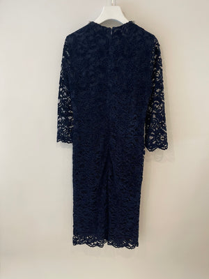 Ermanno Scervino Midi Navy Long Sleeve Lace Dress with Crystal Embellished Collar Detail Size IT 42 (UK 10)