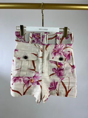 Zimmermann Cream Linen Belted Floral Shorts Size 0 (UK 6)