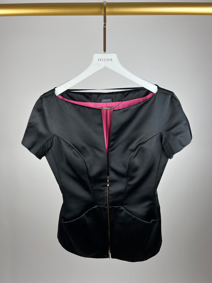 Alexander McQueen Black Silk Structured Zip Cap Sleeve Top Size UK 10