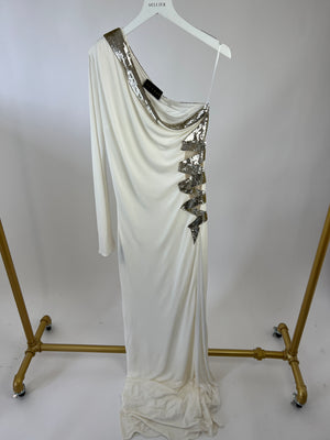 Dundas White One-Shoulder Maxi Gown Long Dress with Sequin Detailing IT 40 (UK 8)