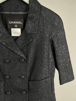 Chanel Navy Floral Embossed Short Sleeve Jacket with CC Button Detailing Size FR 34 (UK 6)