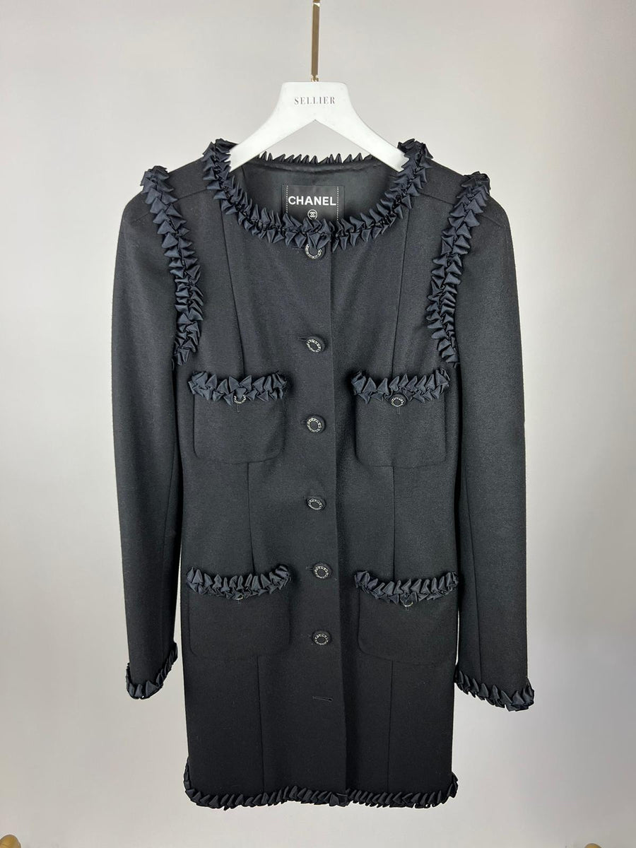 Chanel Black Longline Wool Coat with Silk Trimming Detail FR 36 (UK 8)