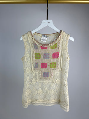 Chanel Cream Crochet Sleeveless Top with Multicoloured Detail FR 36 (UK 8)