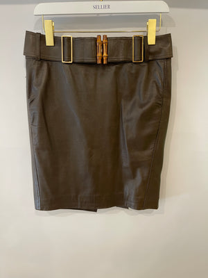 Gucci Brown Leather Skirt with Bamboo Belt Detail Size IT 44 (UK 12)