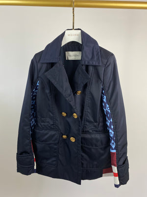 Valentino Navy, Blue and Red Nylon Jacket with Patterned Back and Gold Button Detail Size IT 40 (UK 8)