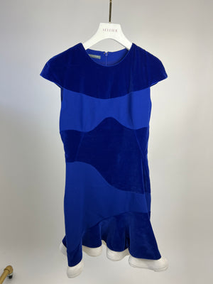 Alexander McQueen Cobalt Blue Short Sleeve White Trim Velvet Dress IT 44 (UK 12)