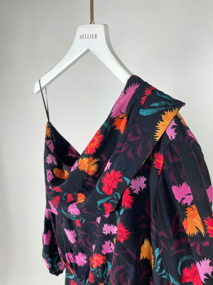 Saloni Black Silk Printed Asymmetric Midi Dress Size UK 6