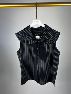 Chanel Black and White Striped Sleeveless Shirt With Peterpan Collar FR 44 (UK 16)
