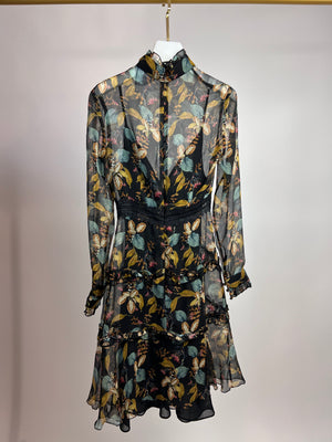 Nicholas Black Floral High Neck Chiffon Mini Dress with Embroidery Detail Size UK 4