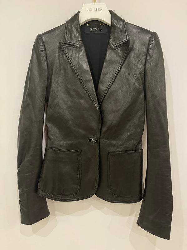 Gucci Black Leather Tailored Blazer with Pockets Size IT 38 (UK 6)