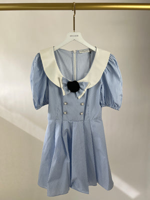 Alessandra Rich Blue and White Striped Skater Dress with Peter Pan Collar Detail Size IT 38 (UK 6)