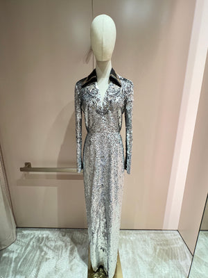 HOT* Louis Vuitton Silver Sequin Long V-Neck Embroidered Dress