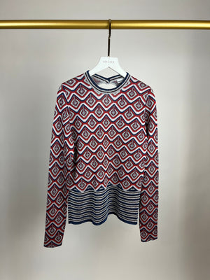 Paco Rabanne Red and Navy Metallic Long Sleeve Round Neck Top FR 38 (UK 10)