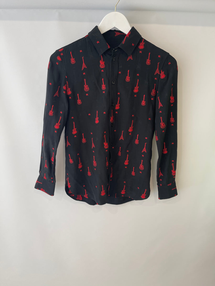 Saint Laurent Silk Red and Black Guitar Printed Button-up Shirt FR 34 (UK 6)